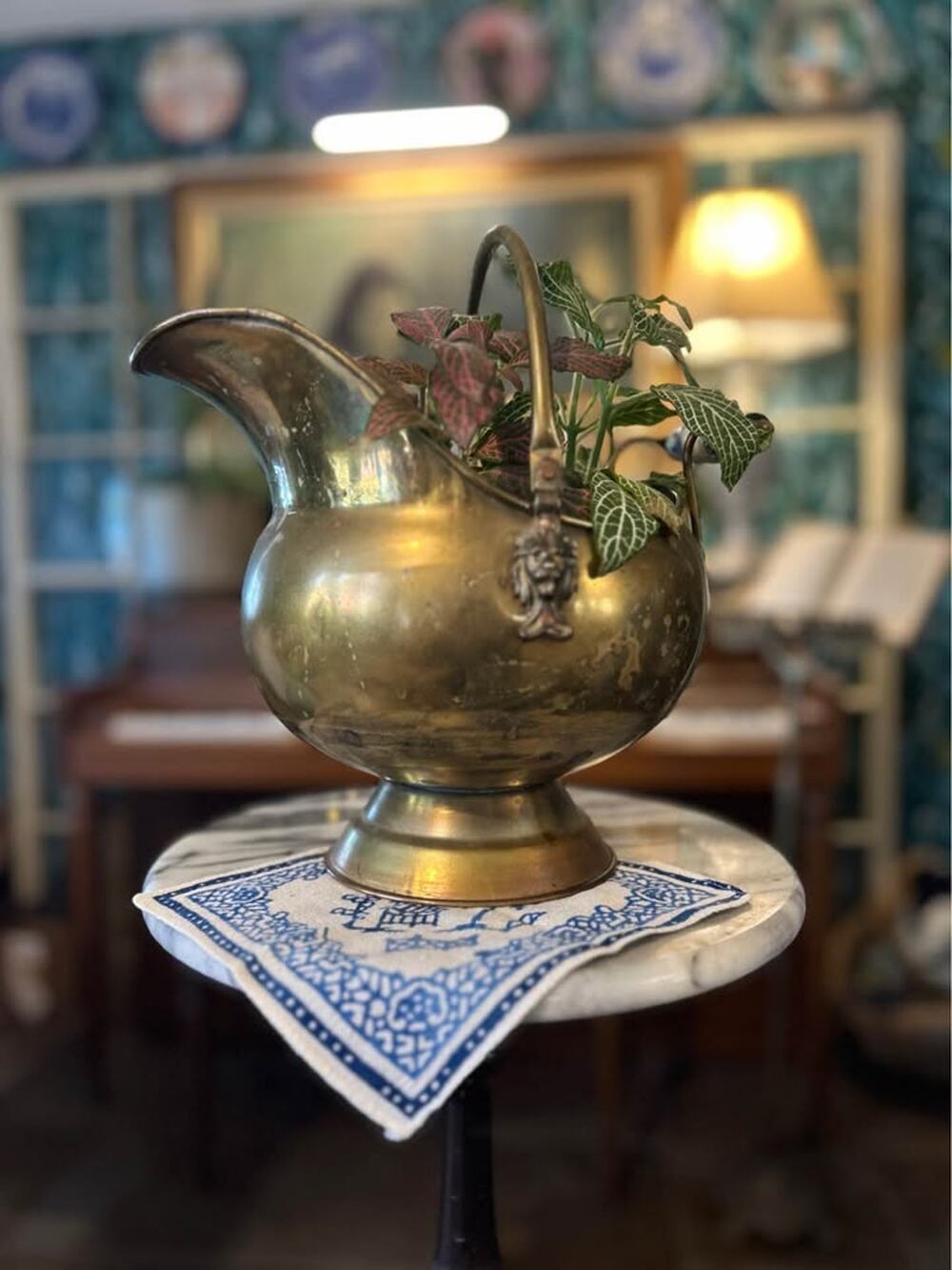 Vintage Brass Coal Scuttle with Delft Handle + Lion Detail